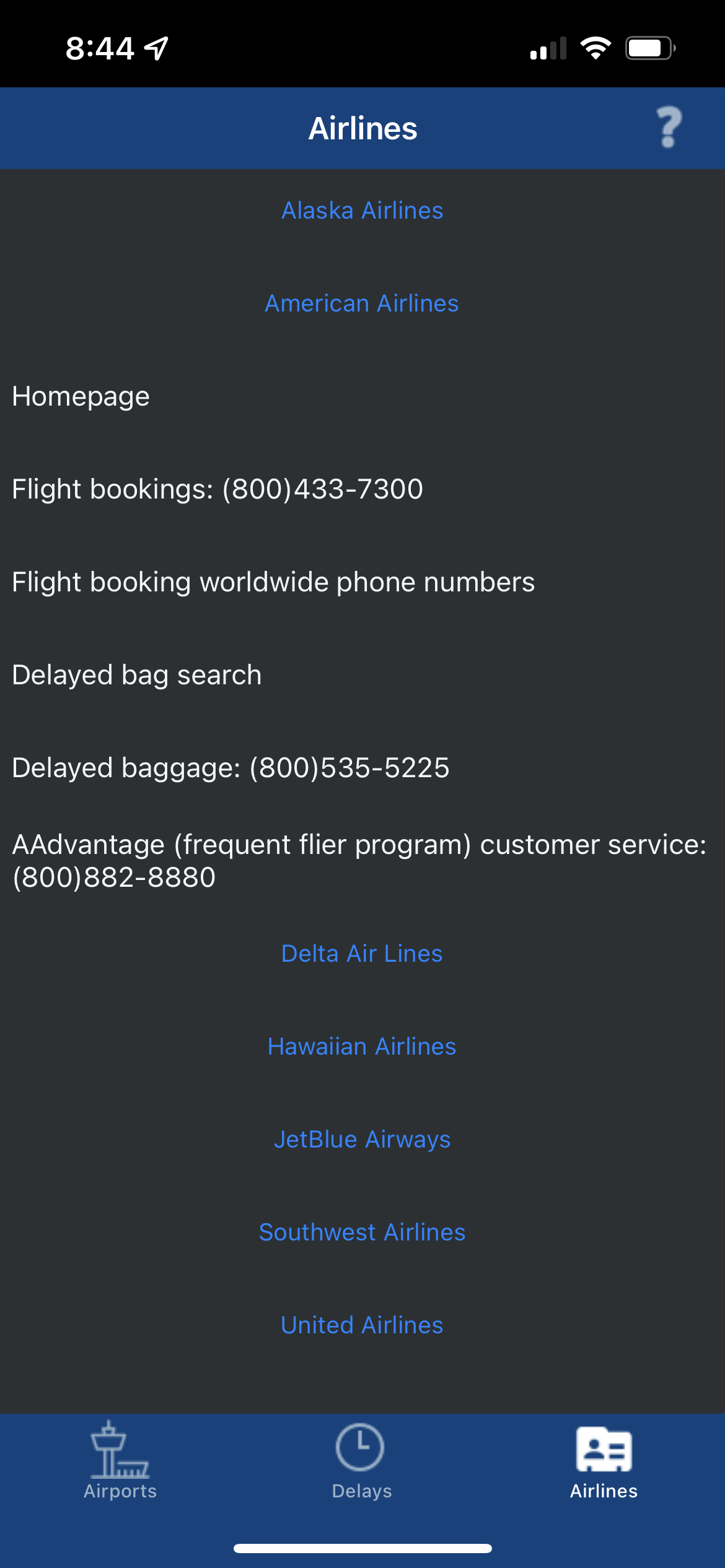 Has contact info for major US airlines!