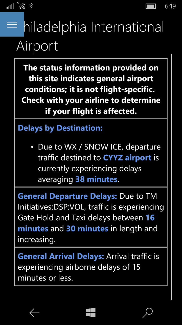Delay status for major US airports